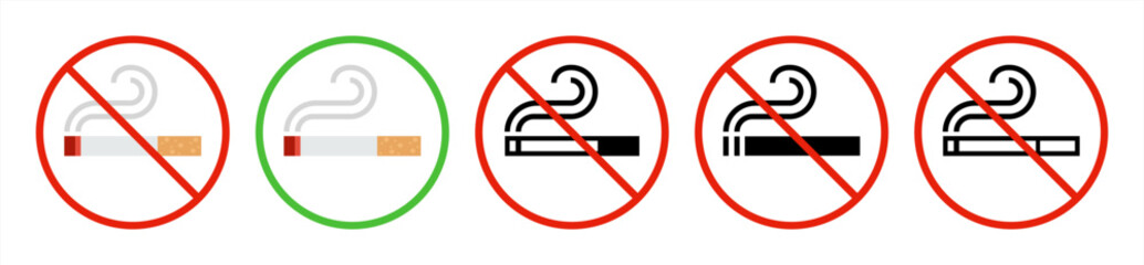 No Smoking and Smoking Attention Signs Set. Isolated Symbols of Cigarette Restriction Symbols, Vector 10 eps.