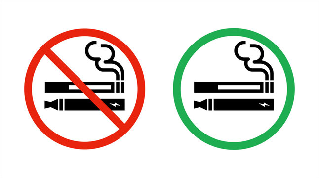 No smoking no vaping and smoking area sign set. Forbidden sign icon isolated on white background vector illustration. Cigarette, vape in prohibition circle and green allowed area. Vector 10 eps.