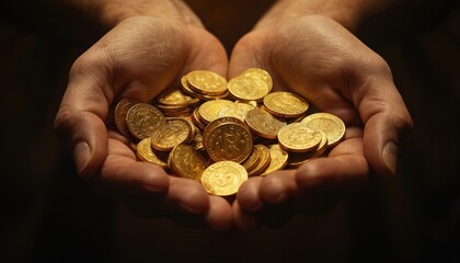Man counting gold coins in warm lighting. Hands hold shiny treasure wealth. Finance, currency, investment concept. Rustic, textured display. Closeup detail, soft glow, bright illumination.