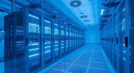 Rows of server racks in a data center illuminated by blue light.