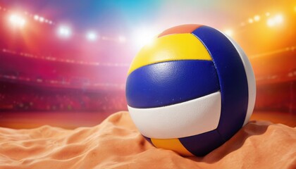 Volleyball close-up on sandy court against vibrant stadium lights. Colorful ball texture, sporty theme, dynamic motion. Perfect for sports event promotion, active lifestyle promotion, beach games.