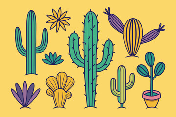 Illustrated collection of various desert plants, including cacti, succulents and flowers