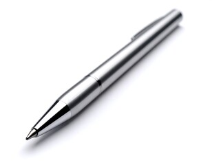 Shiny silver ballpoint pen on white