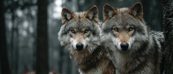 Wolves in a misty forest during early morning