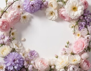 Pastel floral frame with pink, purple, white spring blossoms. Delicate rose, peony, daisy blooms create romantic, feminine border. Soft, pretty, elegant arrangement with sunlight and shadow.