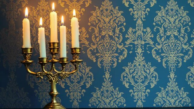 Vintage wallpaper with a gold and blue pattern and candles to give off an elegant, antique ambiance.