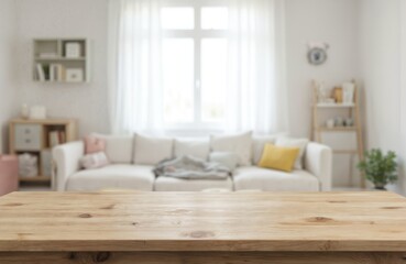 Wooden table in foreground with blurred bright living room background featuring sofa, window, curtains. Ideal for product display, montage, items. Bright, clean, homey atmosphere for baby products.