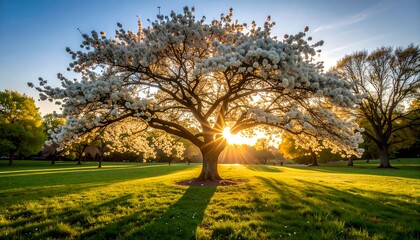 Blooming tree at sunset