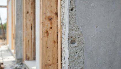Construction site detail shows textured concrete exterior wall preparation next to wooden framework. Rough concrete finish with visible holes contrasts smooth plaster. Focus on building progress,