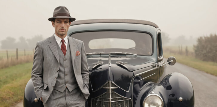 Man in pinstripe suit and fedora hat stands by a vintage car. Classic 1920s style. Elegant retro automobile, gangster theme. Gentleman driver, historical fashion, business transport.