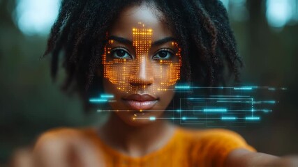 Futuristic Facial Recognition: A Woman Interacting With Advanced Technology in a Forest - Powered by Adobe