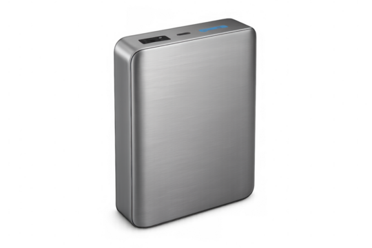 External battery featuring glowing blue led indicator, showcasing contemporary charging technology with minimalist transparent backdrop