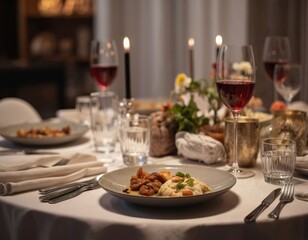 Elegant dinner table setting features gourmet food, wine glasses, candlelight. Beautifully arranged meal with decorative flowers creates luxurious, romantic ambience for special occasions, fine