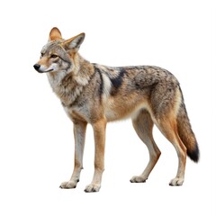 Fototapeta premium Full body portrait of coyote standing, isolated on clean white background. Wild canine displays characteristic fur, alert ears, eyes. Image perfect for wildlife, natural habitats, animal kingdom.
