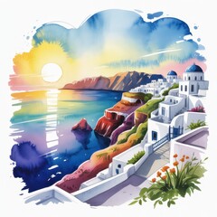 Beautiful Coastline View at Sunset With Charming Homes and Vibrant Flowers in a Watercolor Style
