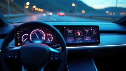 A car dashboard with digital displays showing vehicle information at night on the highway road