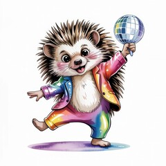 Colorful Hedgehog Dancing Joyfully With Disco Ball in Vibrant Outfit and Festive Setting