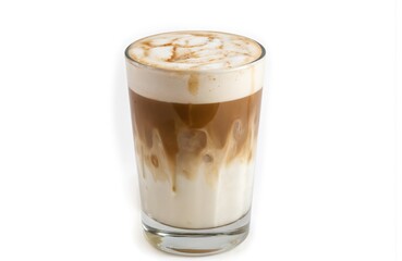 Iced latte coffee drink with cream, caramel drizzle in tall glass, isolated on white background. Refreshing cold beverage with layers of milk, espresso, frothy topping. Perfect for cafe menus summer