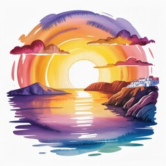 Colorful Watercolor Illustration of a Serene Sunset Over the Ocean With Distant Islands and Gentle Clouds