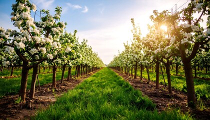 Fototapeta premium Blossoming orchard, sunlit path