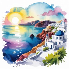 Stunning Sunset Over the Coastline With Whitewashed Buildings and Vibrant Sea Colors in a Watercolor Illustration