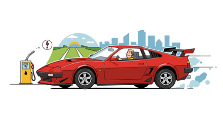 Fototapeta premium Illustration of a red sports car refueling at a gas station with a city skyline in the background scene