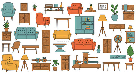Illustration of a collection of various furniture items including sofas chairs tables and storage units