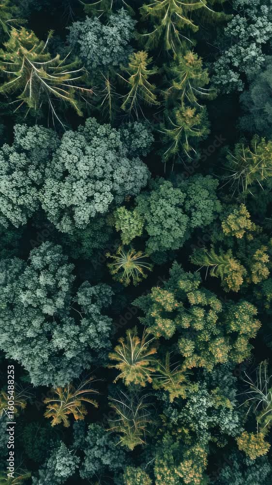 Poster an array of diverse leaf types and shades on a forest floor under sparse sunlight.