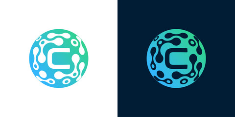 letter  c logo design with abstract ball technology digital data connection with green gradient color