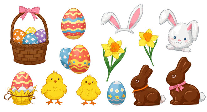 Illustration of easter themed items including a basket of eggs, bunny ears, chicks, and chocolate bunnies