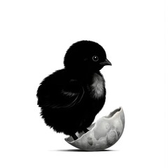 Fototapeta premium Black chick emerges from cracked eggshell. Monochrome illustration symbolizes new life, fragility, and innocence. Baby bird birth signifies spring, nature, and animal kingdom.