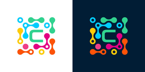 letter c logo design template with connecting circles. Science and medicine symbol with geometric dotted circles. Universal energy and technology vector icon.