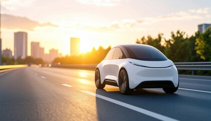 A futuristic electric car driving on a highway at dawn highlighting innovation, sustainability, and the shift toward green mobility trends