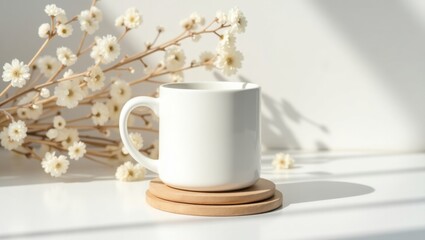 A white mug on wooden coasters with white flowers and sunlight creating shadows on a white surface