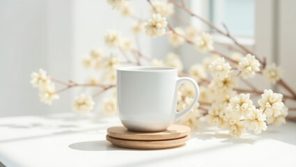 A white mug on a wooden coaster with flowers in the background in a bright and airy setting