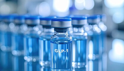 Vial labeled GLP-1 in a laboratory setting, representing advancements in diabetes treatment, weight loss drugs, and modern biopharmaceutical research