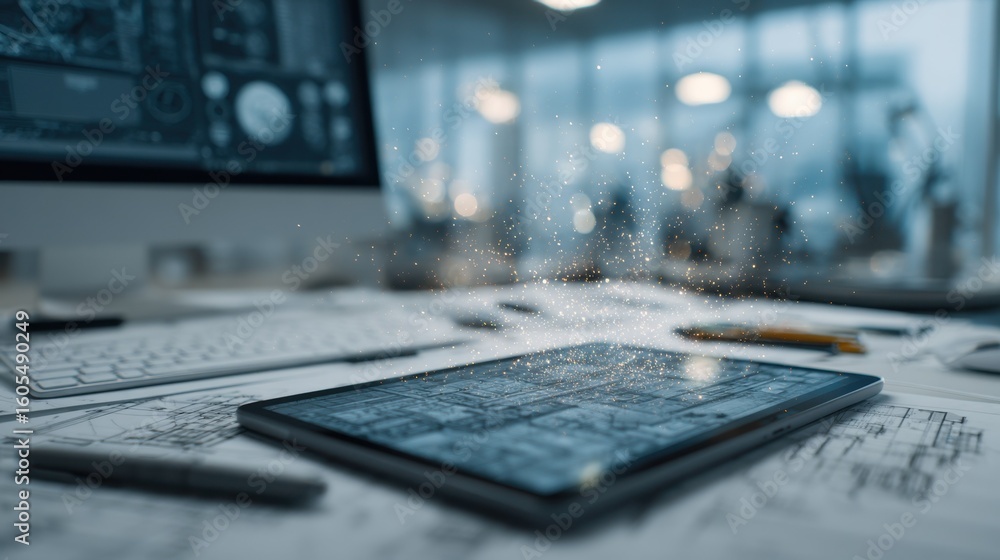 Poster cluttered desk featuring blueprints and design tools, with a digital tablet displaying ai enhanced c