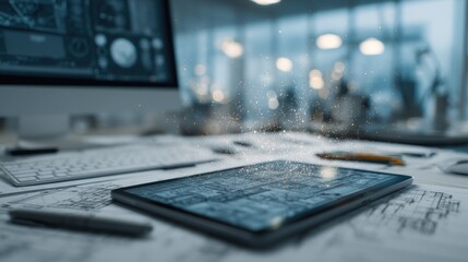 Cluttered desk featuring blueprints and design tools, with a digital tablet displaying ai enhanced collaborative design software, representing innovation and teamwork in a modern office
