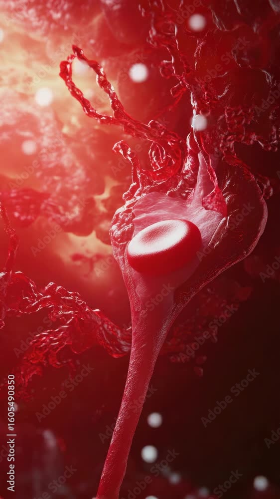 Poster close-up graph of a single red blood cell, highlighting its corpuscles and membrane structure. intri