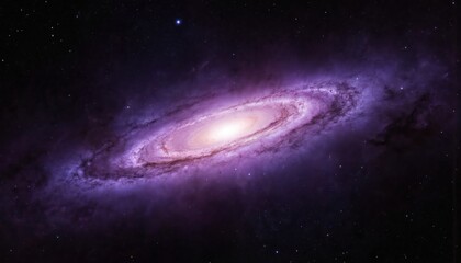 Naklejka premium Vivid purple nebula galactic formation illuminated by radiant center in vast cosmos. Universe space sky galaxy spiral solar system. Bright star glow energy science flare, mystery awe sparkle