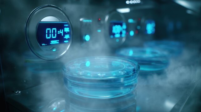 High tech laboratory incubator maintaining precise conditions for hydrogel platforms, displaying real time temperature and ph readings on digital interface for scientific research