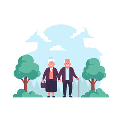 An elderly couple holding hands in a park setting, with trees, bushes, and a cloudy sky in the background.
