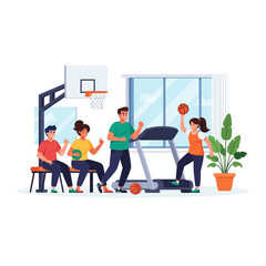 A group of young adults are exercising in an indoor gym setting, playing basketball and using a treadmill.