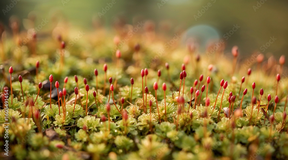 Poster macro shot of red moss sporophytes, with a shallow depth of field creating a soft bokeh background o