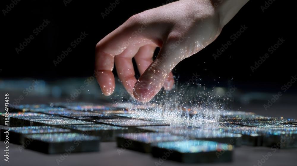 Poster skilled engineer sprinkling smart dust onto programmable tiles, generating self assembling sparks an