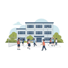 A group of students are gathered outside their school building, some holding books, others playing hopscotch on the playground.