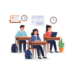 Three students sitting at desks in a classroom, studying and working on assignments, with clocks and a plant visible.