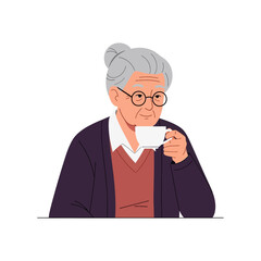 Elderly woman with gray hair and glasses enjoys a cup of tea, wearing a cardigan and v-neck sweater.