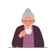 An elderly woman with glasses and gray hair is holding a steaming white cup, possibly tea or coffee, wearing a purple sweater and cardigan.