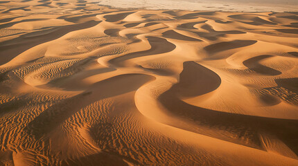 An aerial view of vast, rolling sand dunes in a desert, casting long shadows under warm sunlight, showcasing intricate ripple patterns.